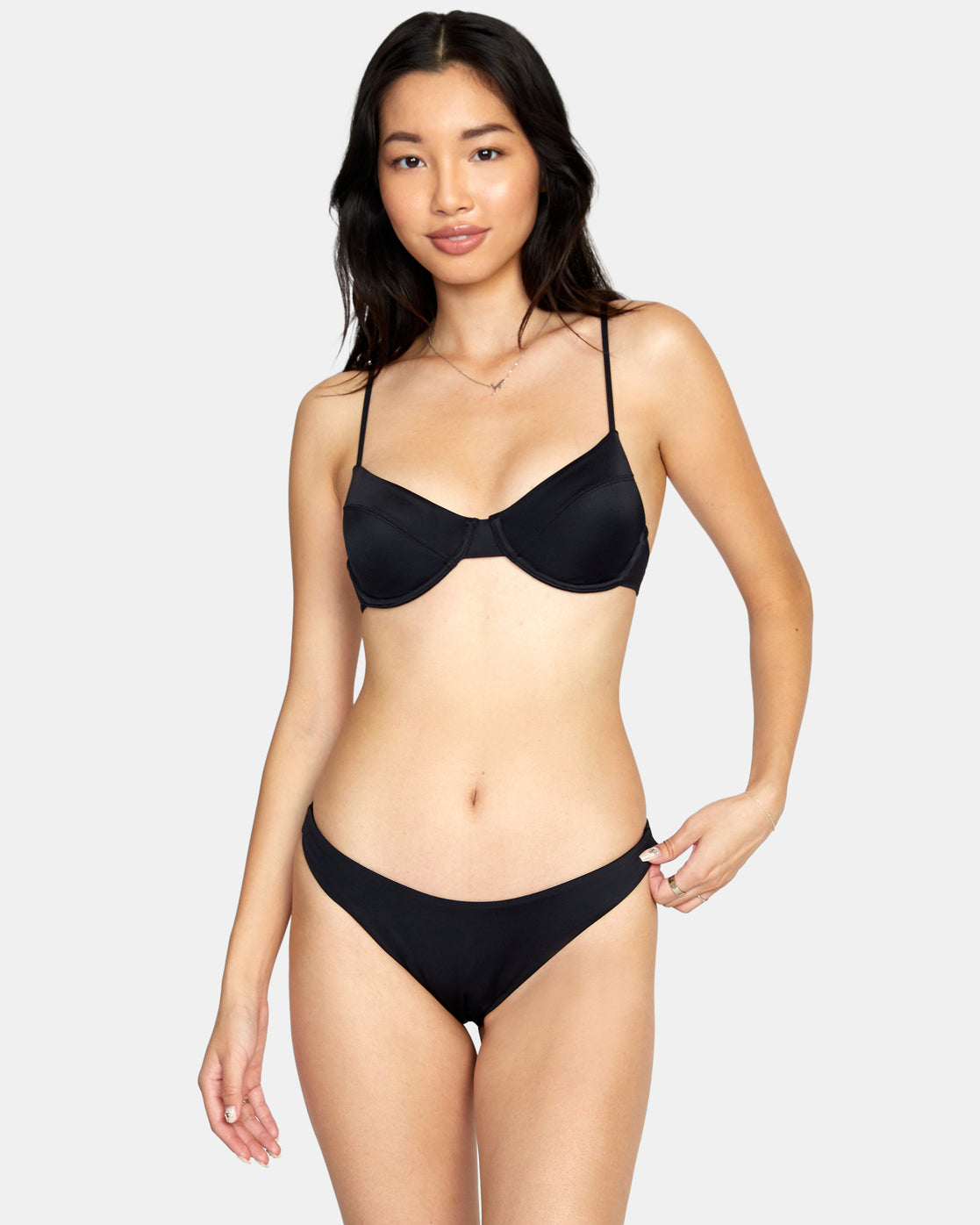 Solid Shirred V-Wire Bralette Bikini Top - Black –