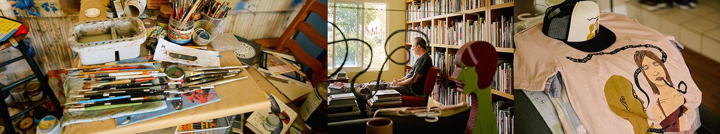Three scenes: a cluttered desk with art supplies, a person sitting by a large window surrounded by books, and a close-up of graphic T-shirts and hats displayed in a room with shelves of books.