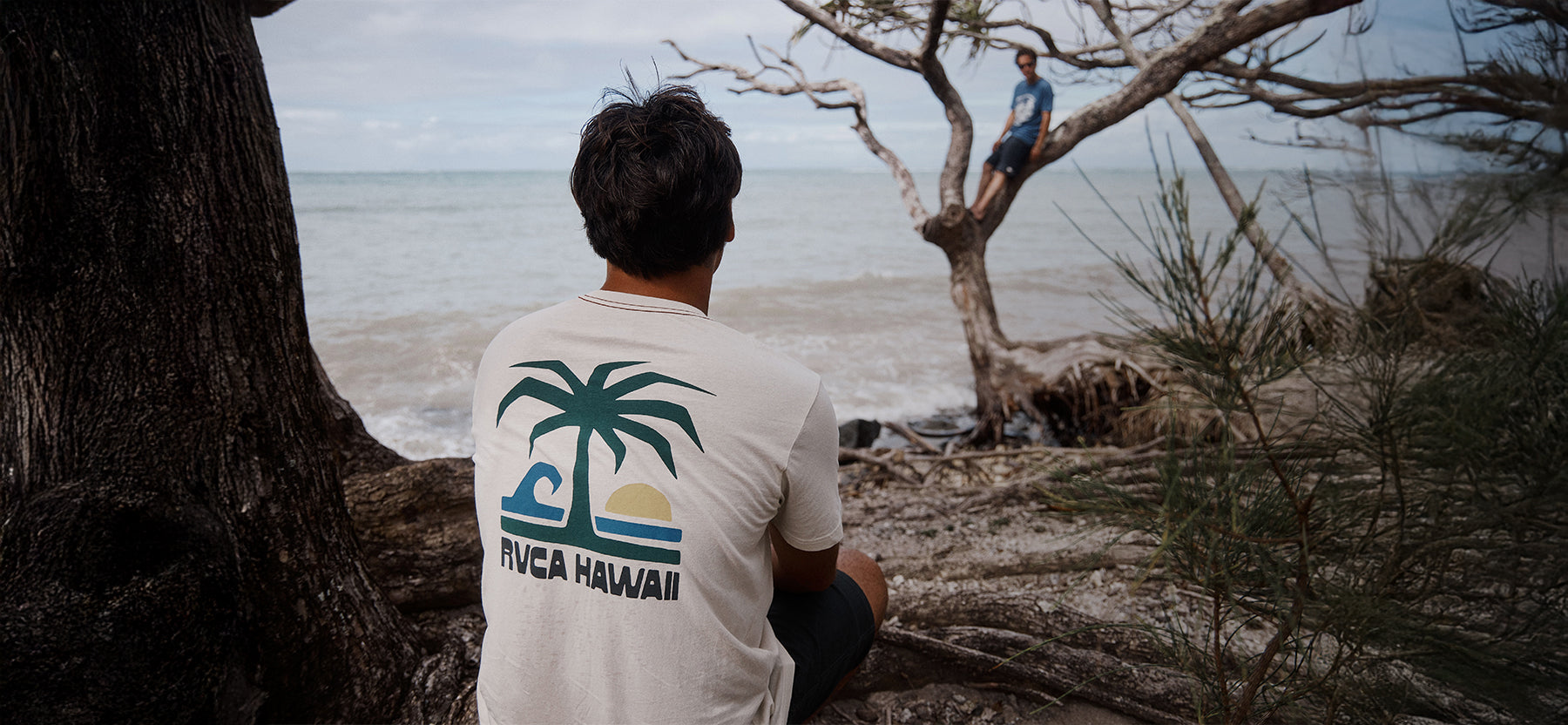 Person sitting by a tree on a beach, wearing a shirt with a palm tree design.