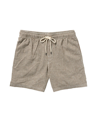 Plaid shorts with a drawstring on a white background