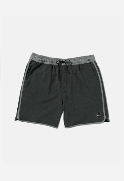 Black shorts with gray waistband on a white background
