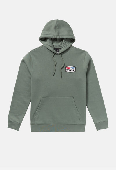 Green hoodie with a logo on the chest against a white background