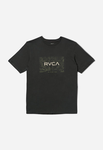 Black t-shirt with RVCA logo on a white background