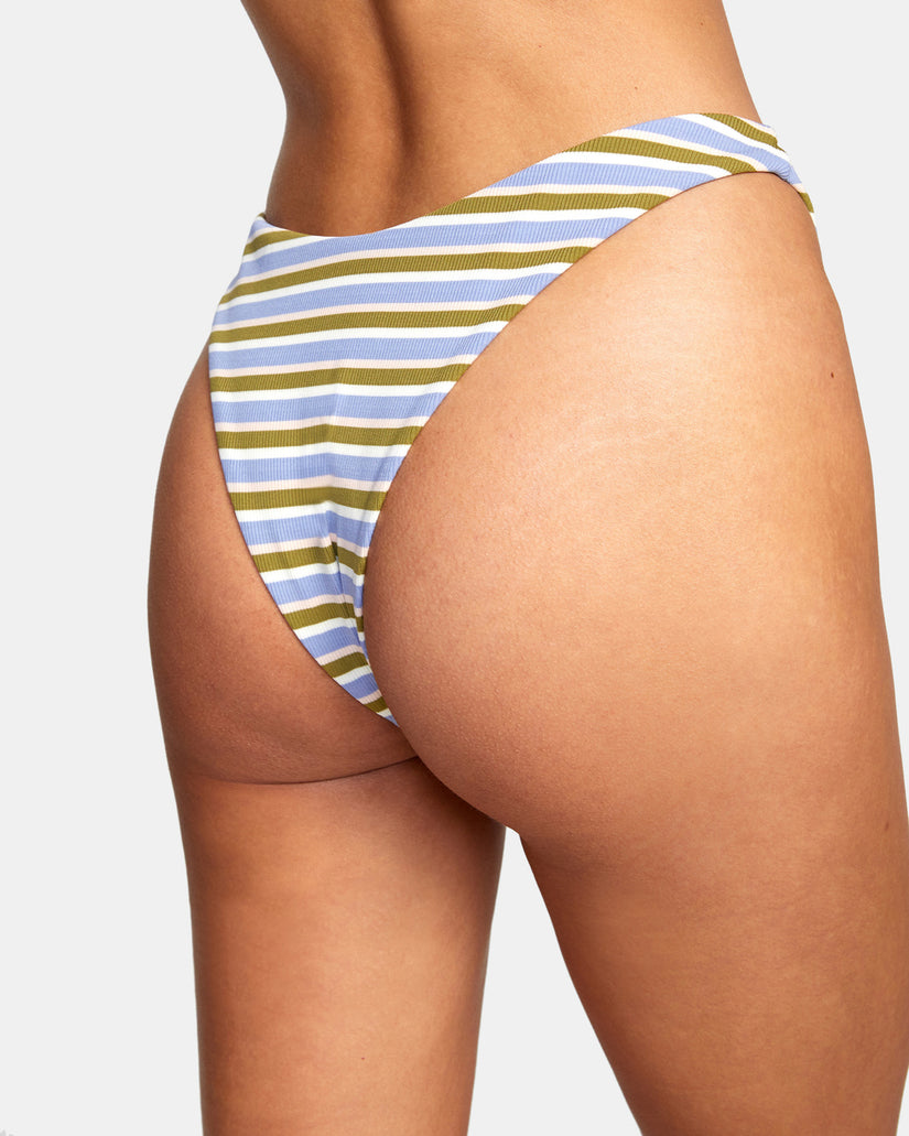 Grey Ribbed Contrast V Front Thong Bikini Bottoms