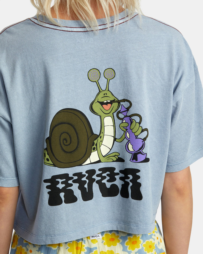 Hookah Snail Boyfriend Crop T-Shirt - Dusty Blue
